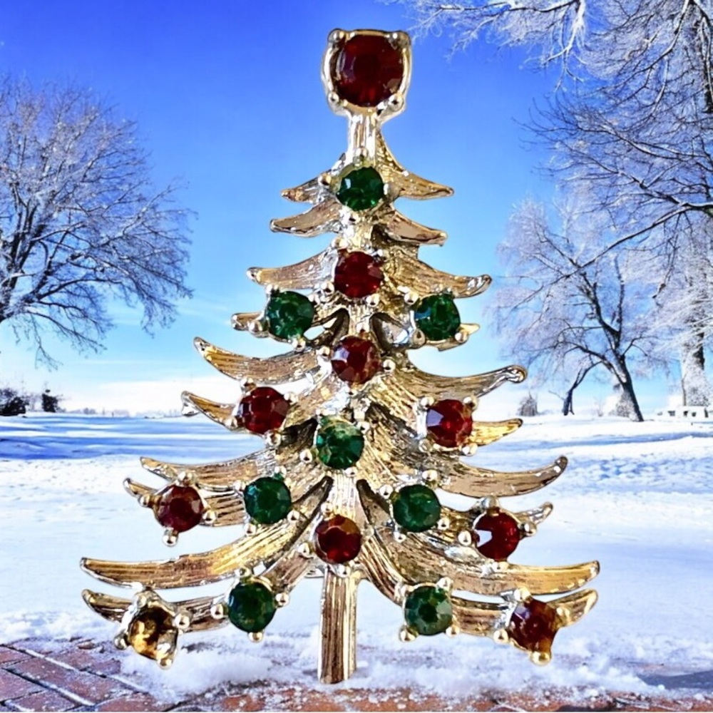 MYLU Vintage Christmas Tree Pin Brooch SilverTone Red & Green Rhinestones